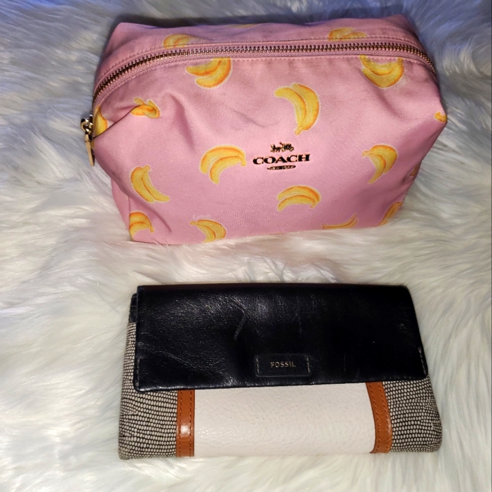 Coach pink banana pouch & Fossil leather long wallet women